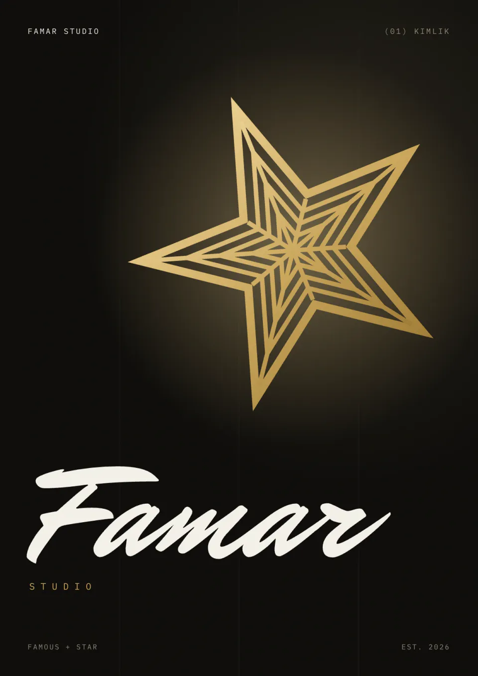 Famar afişi: mürekkep zeminde altın yıldız ve Famar imzası